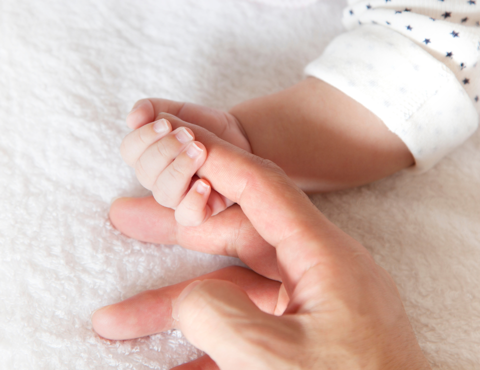 Visuel d'une main de bébé dans la main de sa maman
