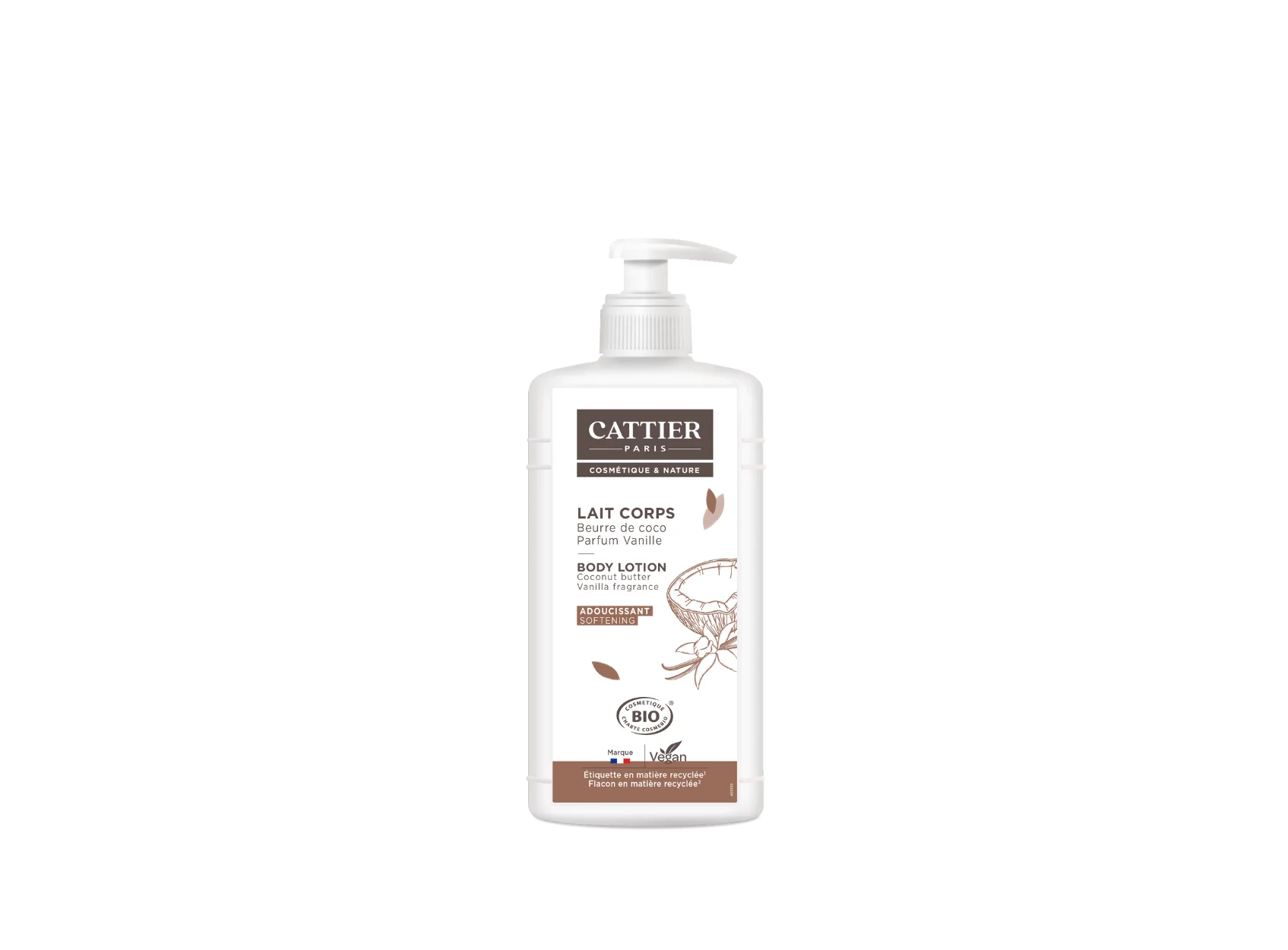 Visuel flacon lait corps adoucissant parfum vanille Cattier