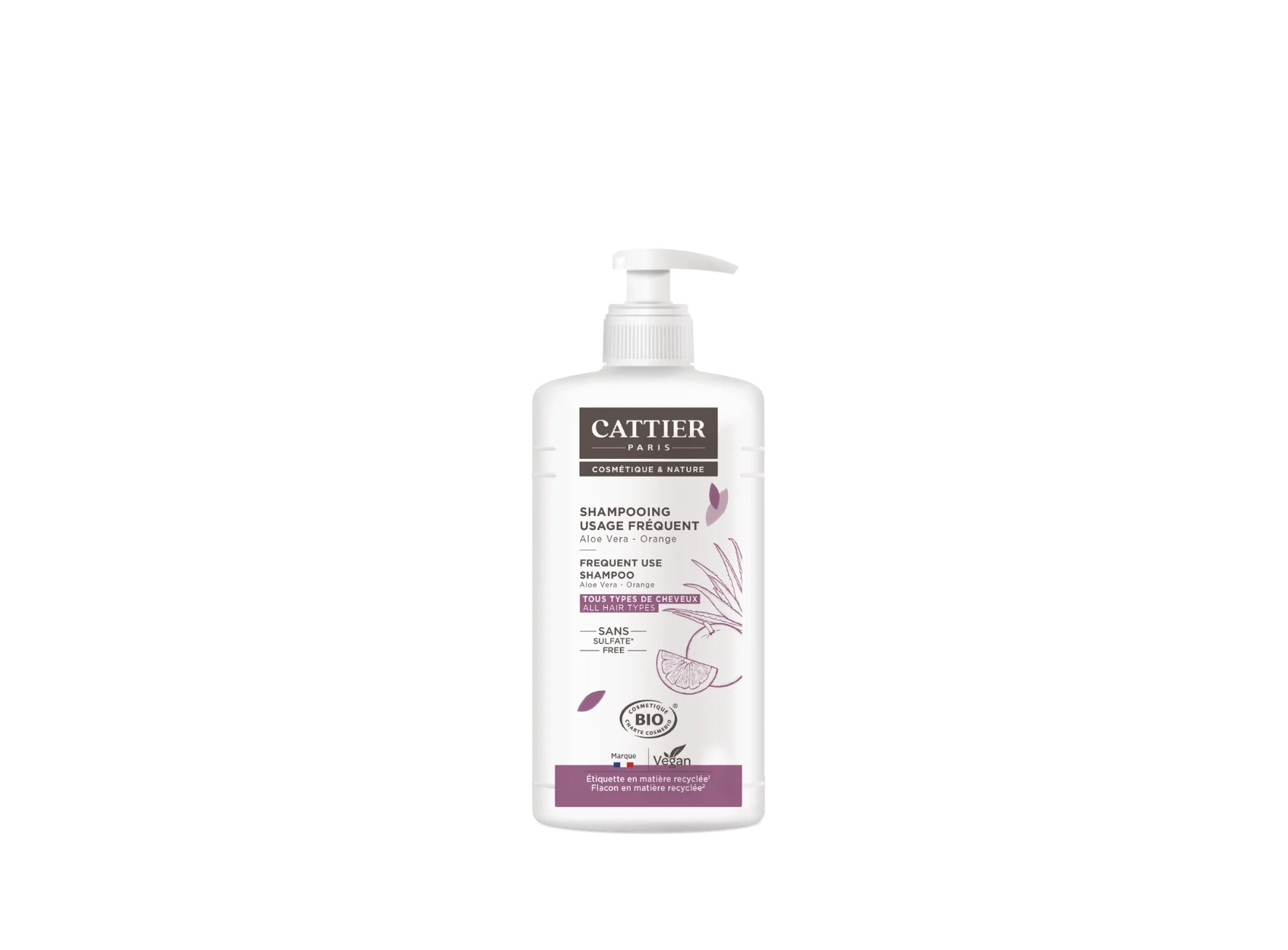 Visuel flacon shampoing usage frequent tous types de cheveux sans sulfates Cattier