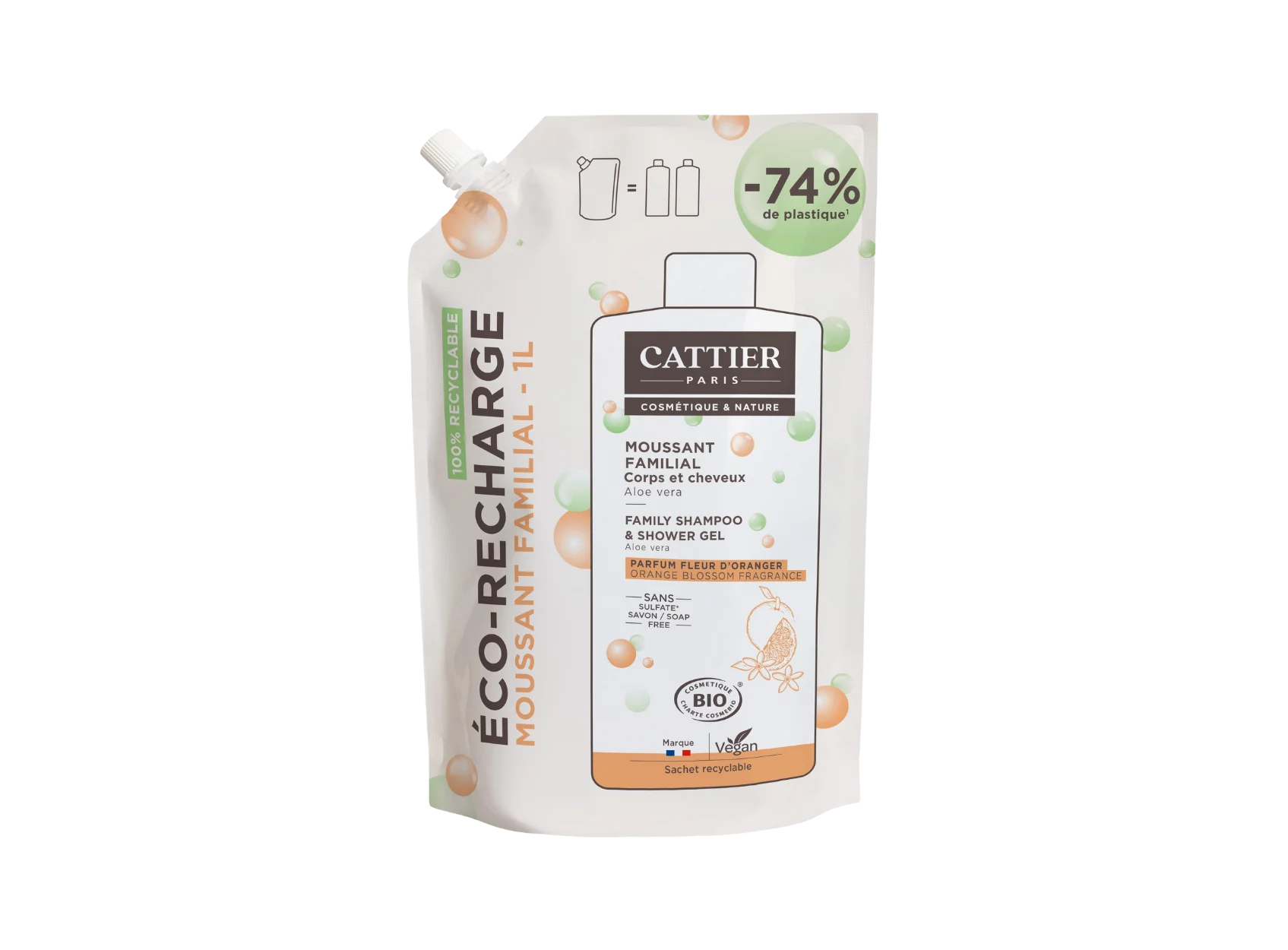 Visuel sachet recharge moussant familial fleur d'oranger sans sulfate Cattier