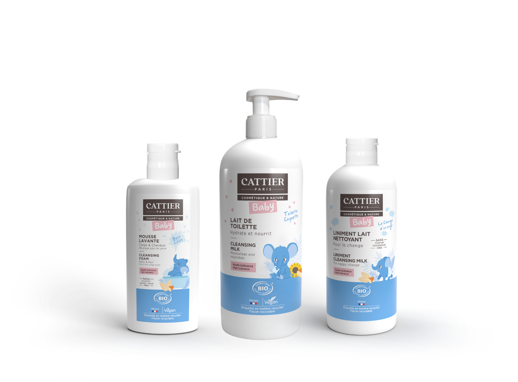 Emballages des essentiels bébé : mousse lavante, lait de toilette et liniment lait nettoyant