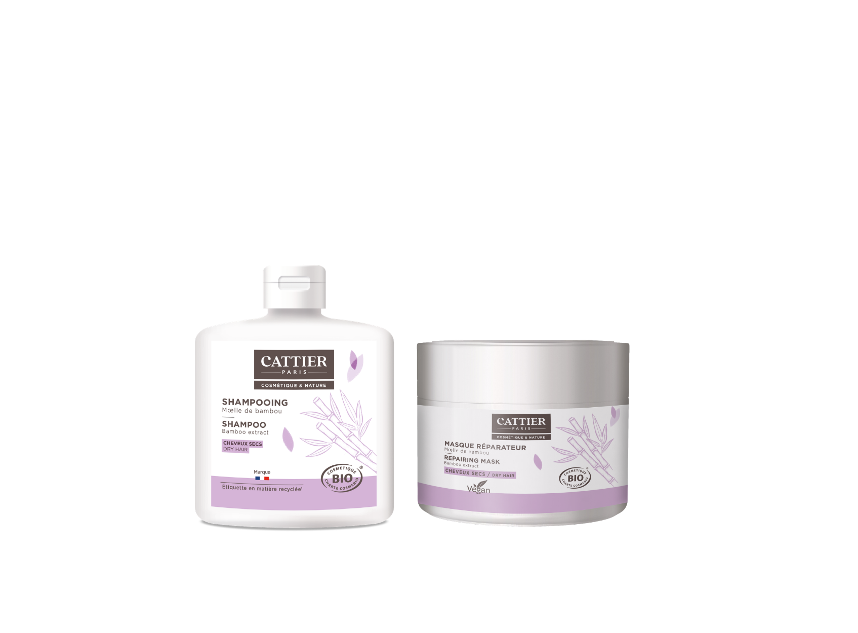 Routine cheveux secs Cattier à la moelle de bambou, soins bio qui hydratent intensément et fortifient les cheveux secs et cassants.