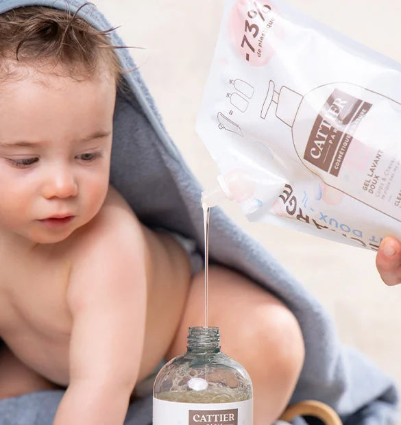 Visuel utilisation recharge gel lavant doux bebe Cattier